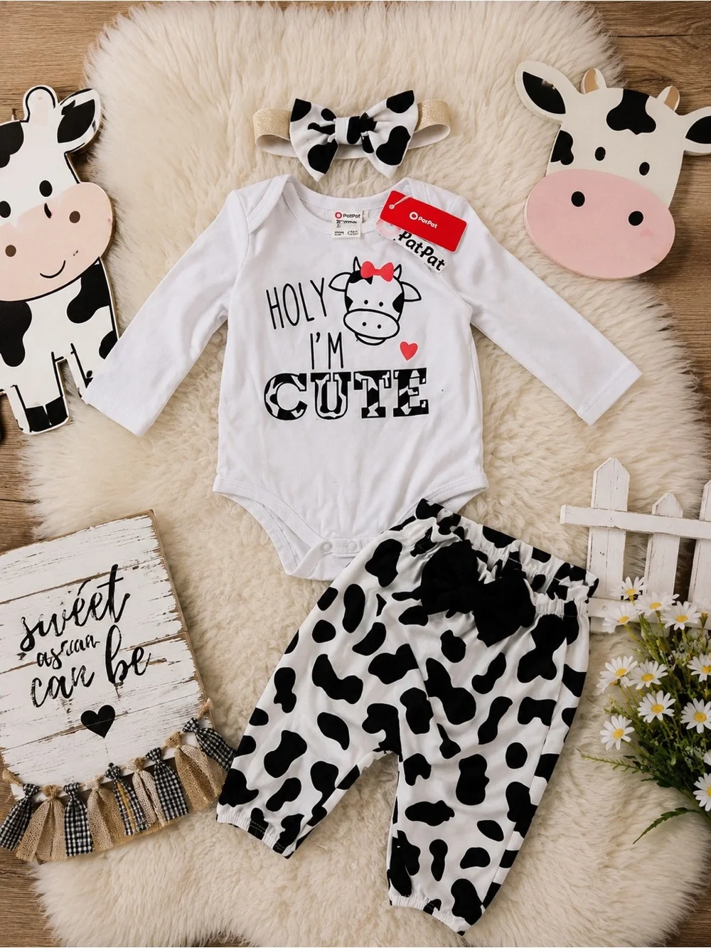 PatPat “Holy I’m Cute” Cow Print 3-Piece Outfit Set | Size 3–6 Months | NWT